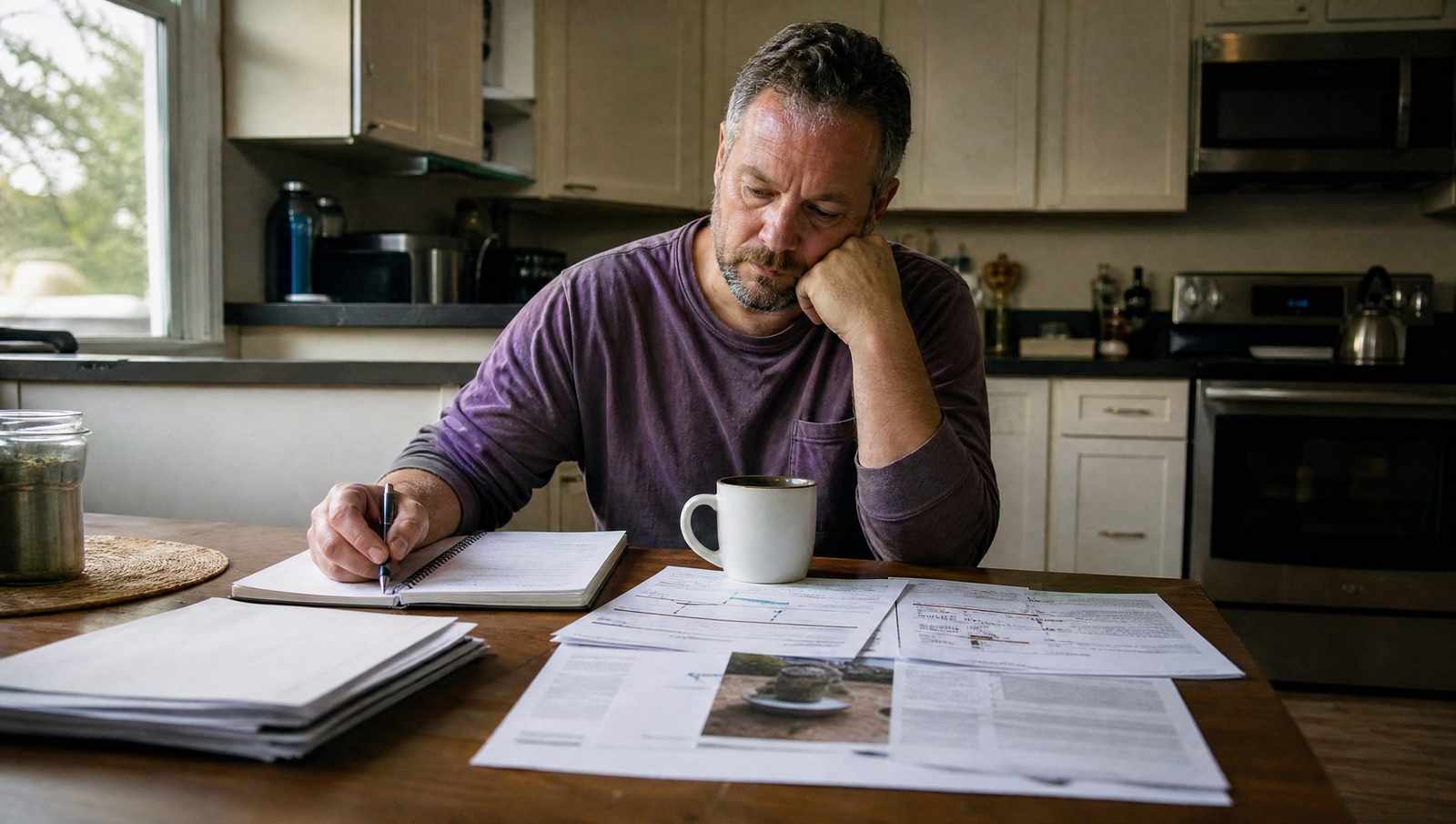 Homeowner reviewing septic system paperwork at a kitchen table in Colorado