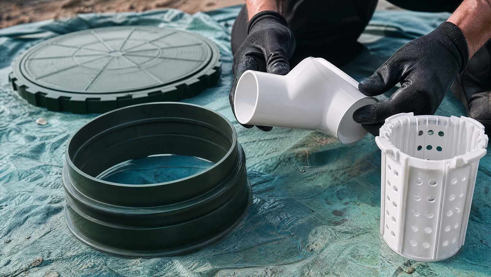 Septic riser ring and lid laid out before installation at a Colorado home