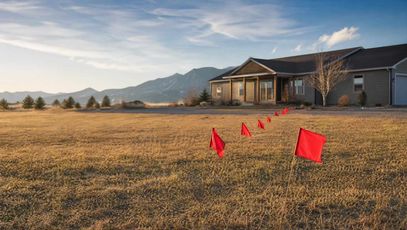 Red marking flags in the grass tracing a buried septic system in front of a Colorado home