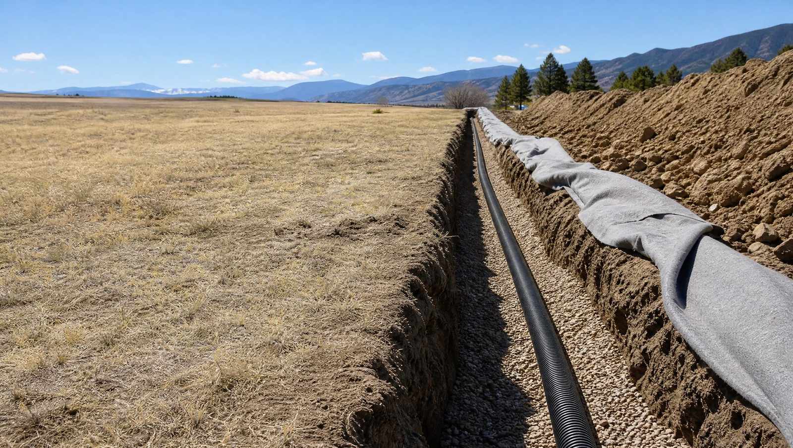 Open trench with washed gravel and perforated pipe laid for a new septic drain field