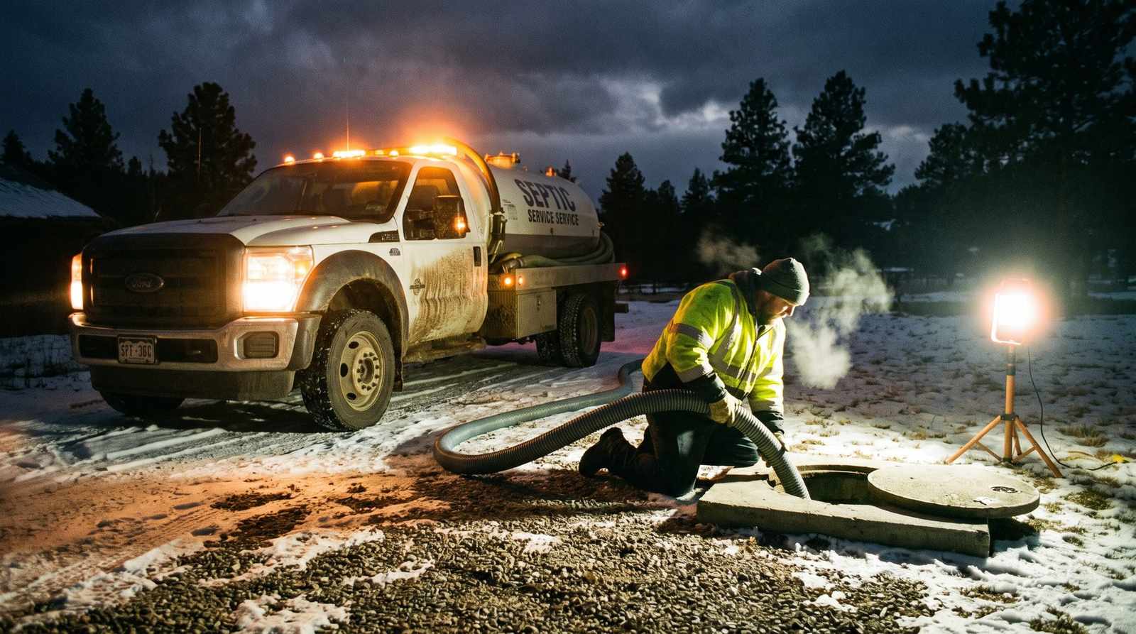 Septic service truck working a Colorado driveway at night under work lights