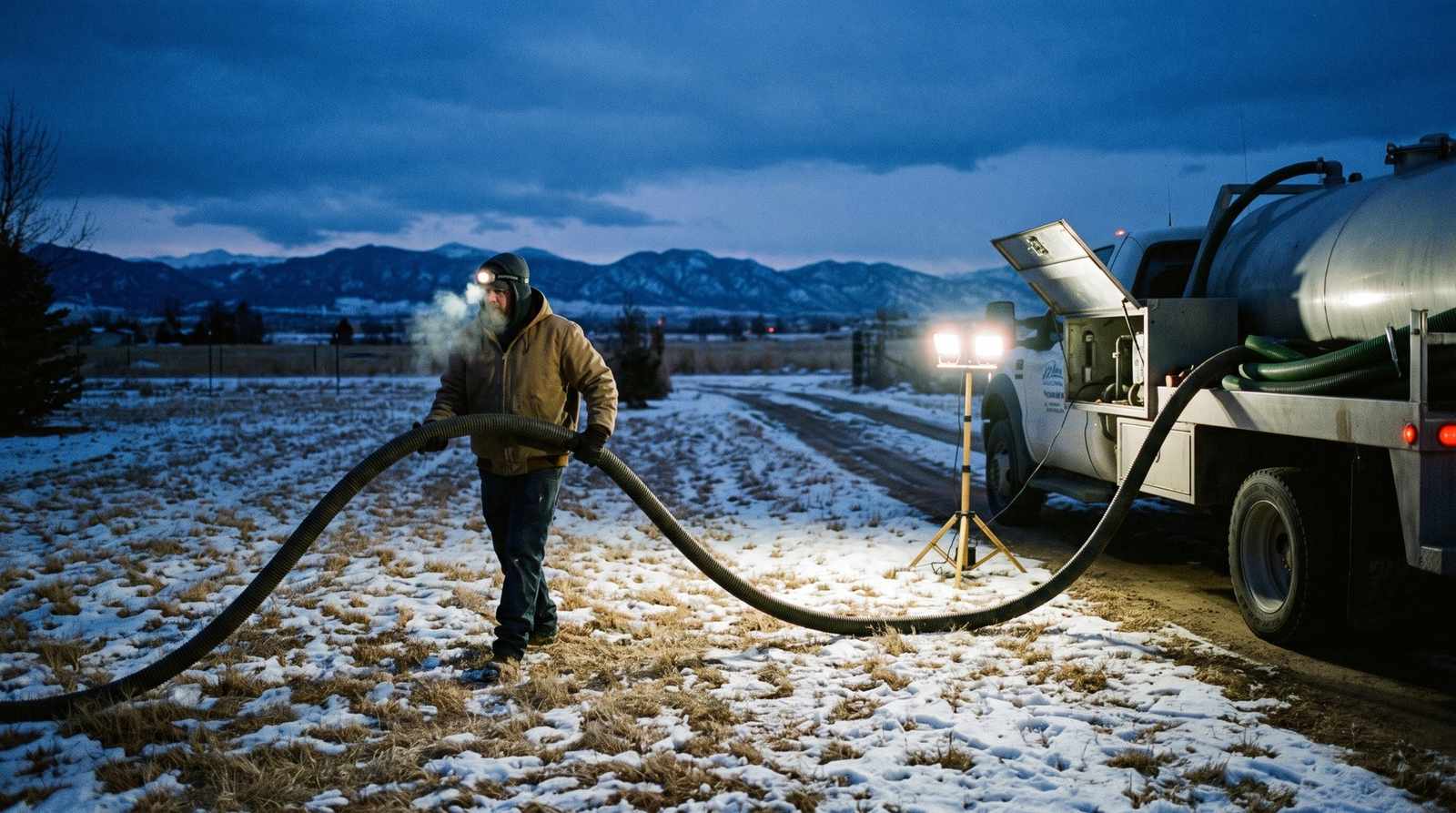 Emergency septic pumping at dusk on a snow dusted Colorado lawn
