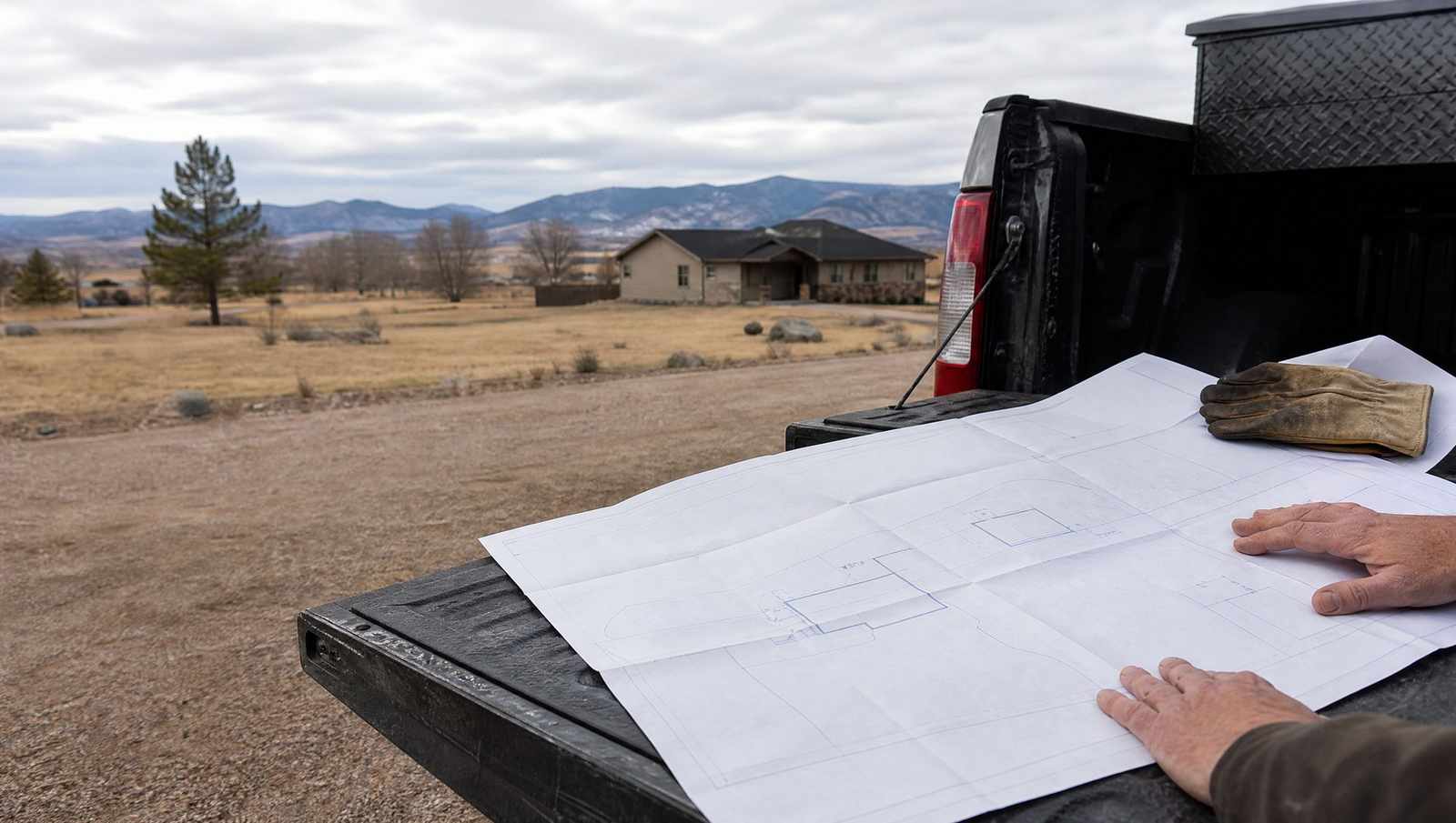 Paper septic site plan opened out on a truck tailgate at a Colorado Front Range property
