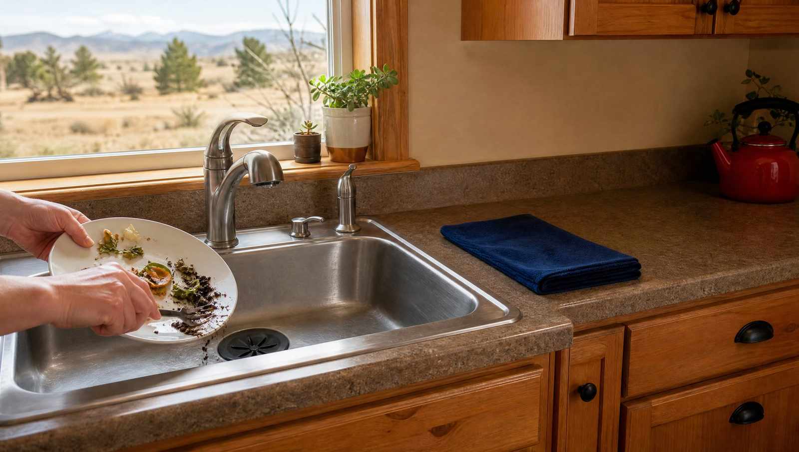 Food scraps being rinsed into a kitchen sink garbage disposal in a home on a septic system