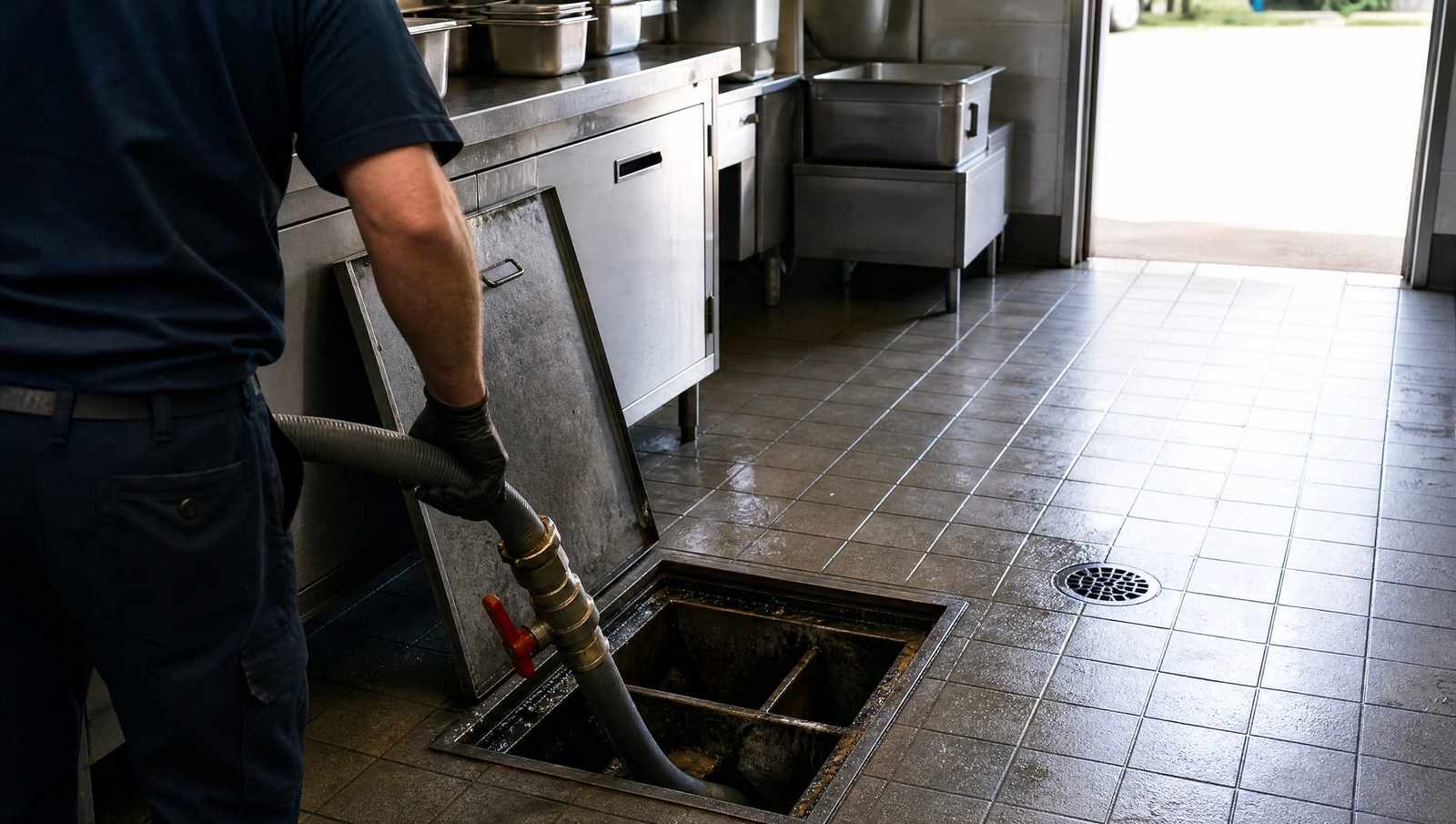 Service technician pumping an open in-floor grease interceptor in the back of house of a commercial kitchen