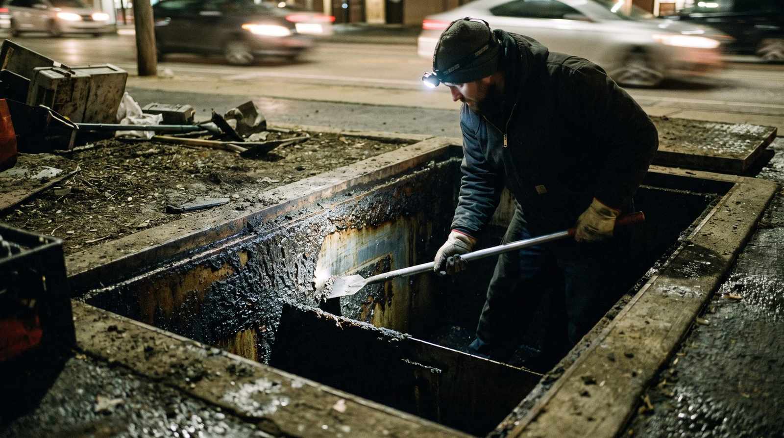 Technician scraping hardened grease off the interior wall of a commercial grease interceptor