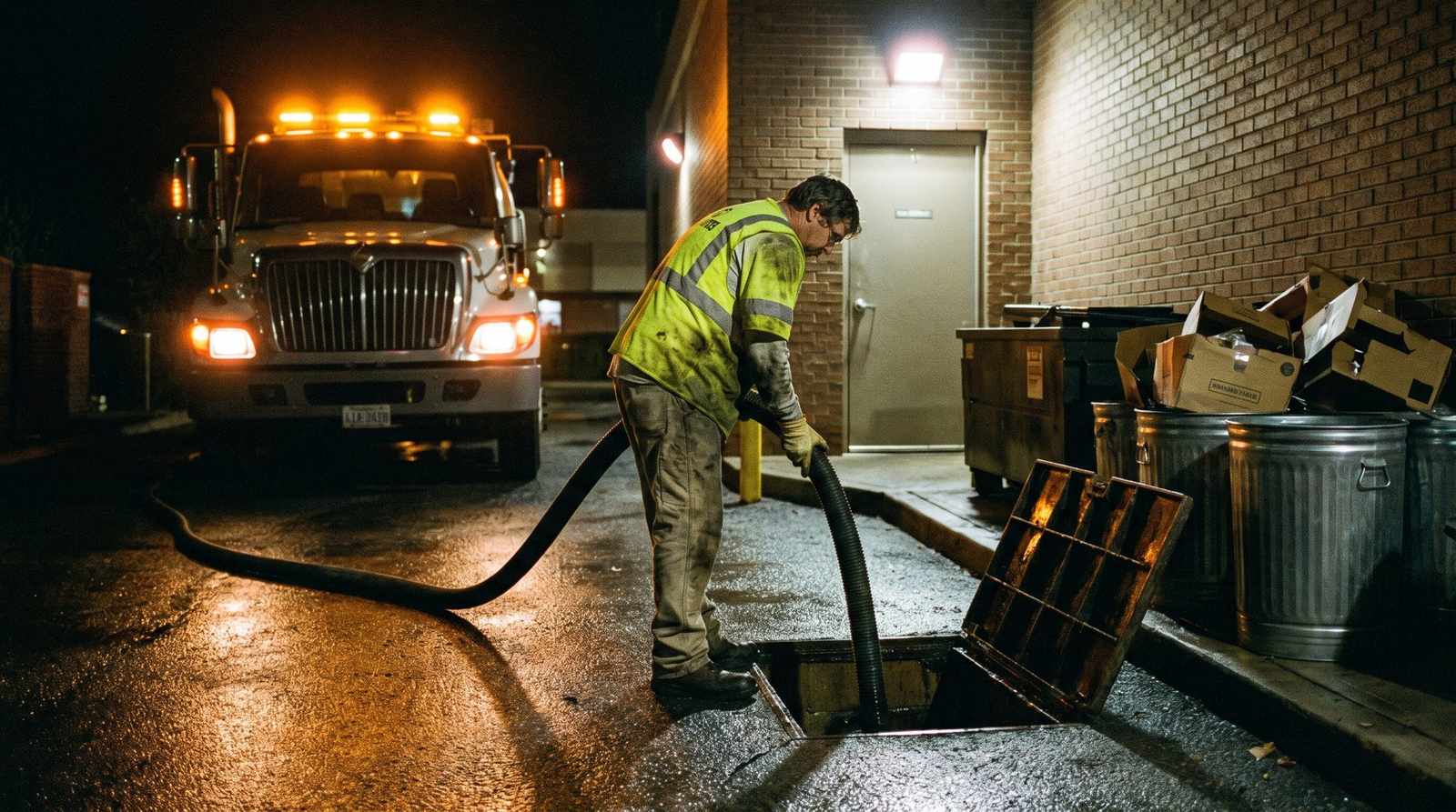 Vacuum hose evacuating a grease interceptor behind a Denver restaurant at night