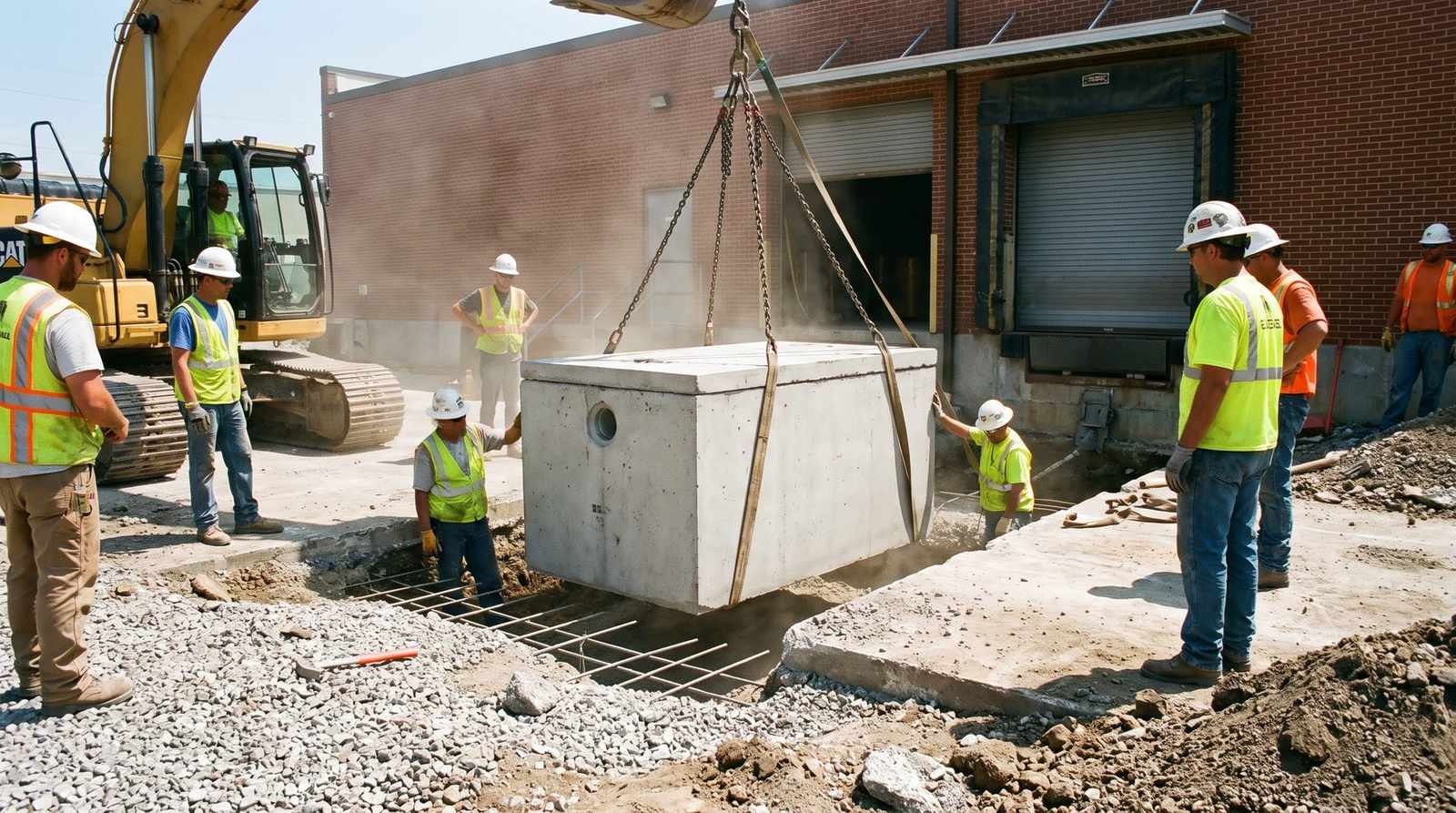New concrete grease interceptor being lowered into a cut behind a commercial building