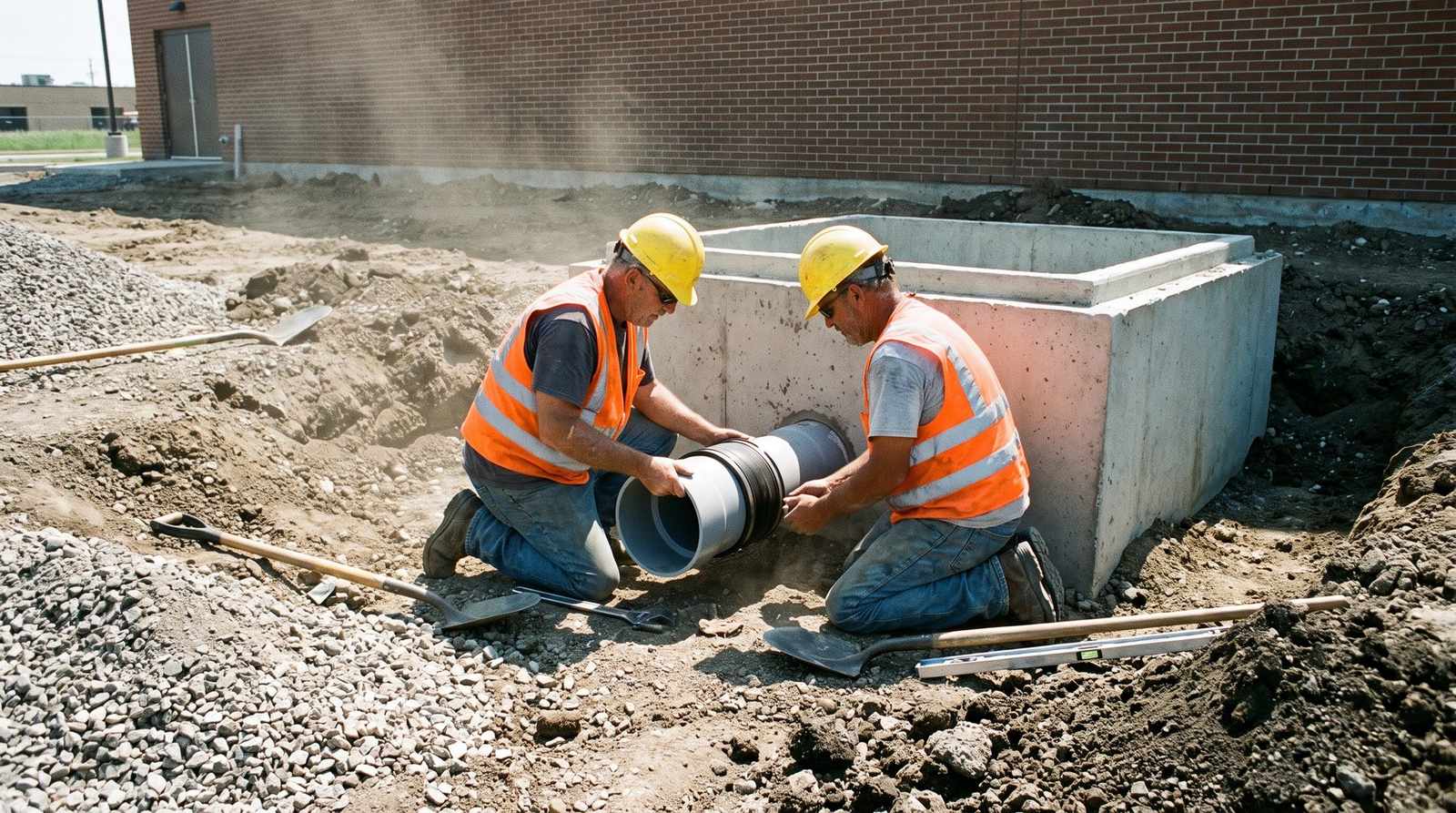 Installers connecting inlet and outlet piping to a newly set grease interceptor
