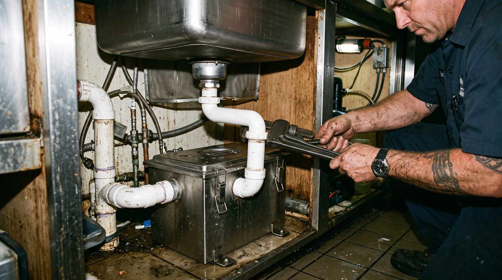 Compact under sink grease trap installed in a commercial kitchen