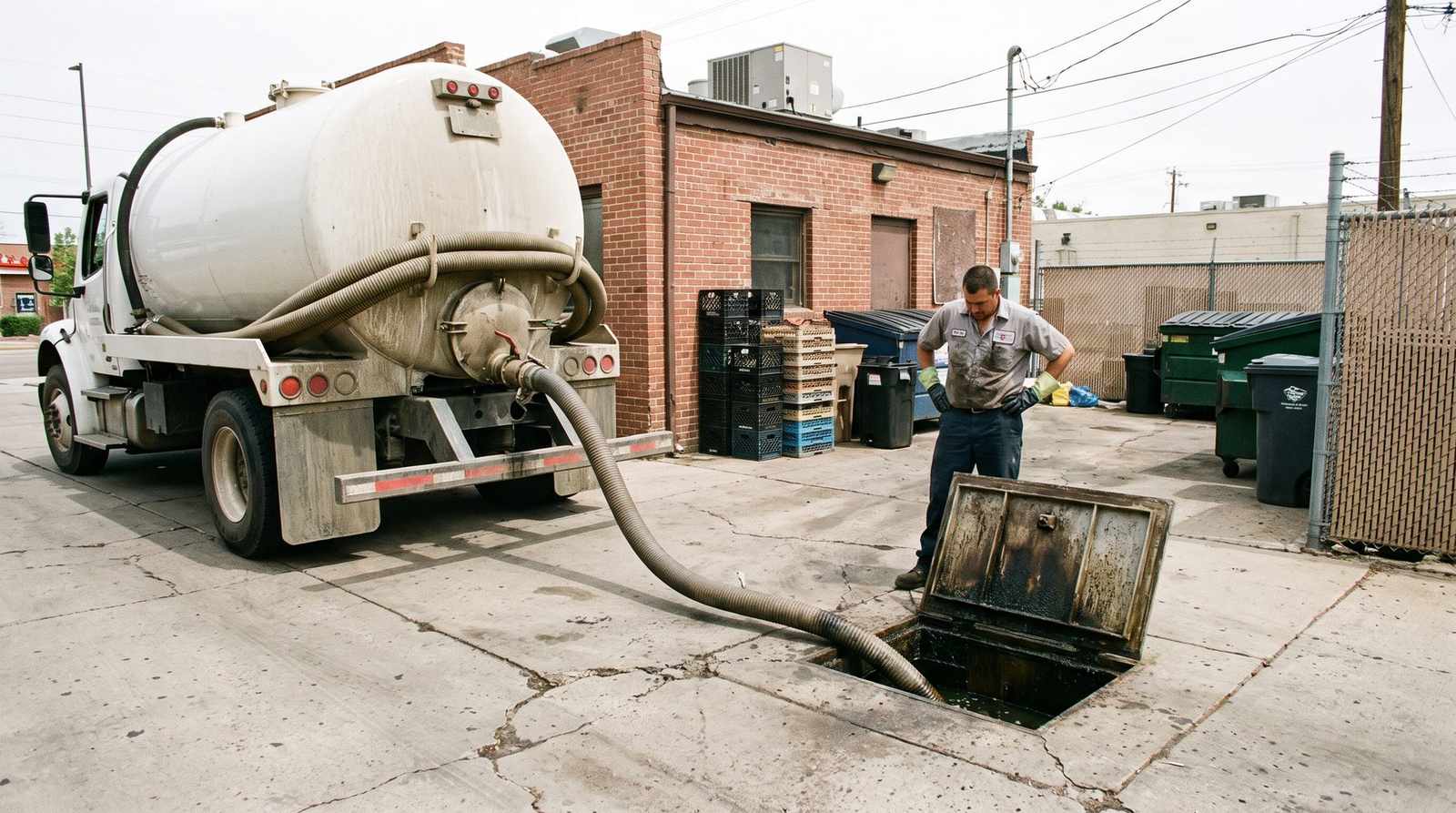 Daytime grease trap pumping behind a small Denver restaurant