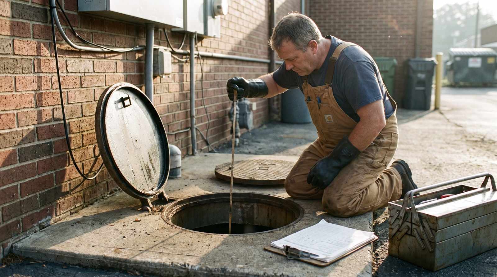 Technician measuring grease and solids depth in an open interceptor