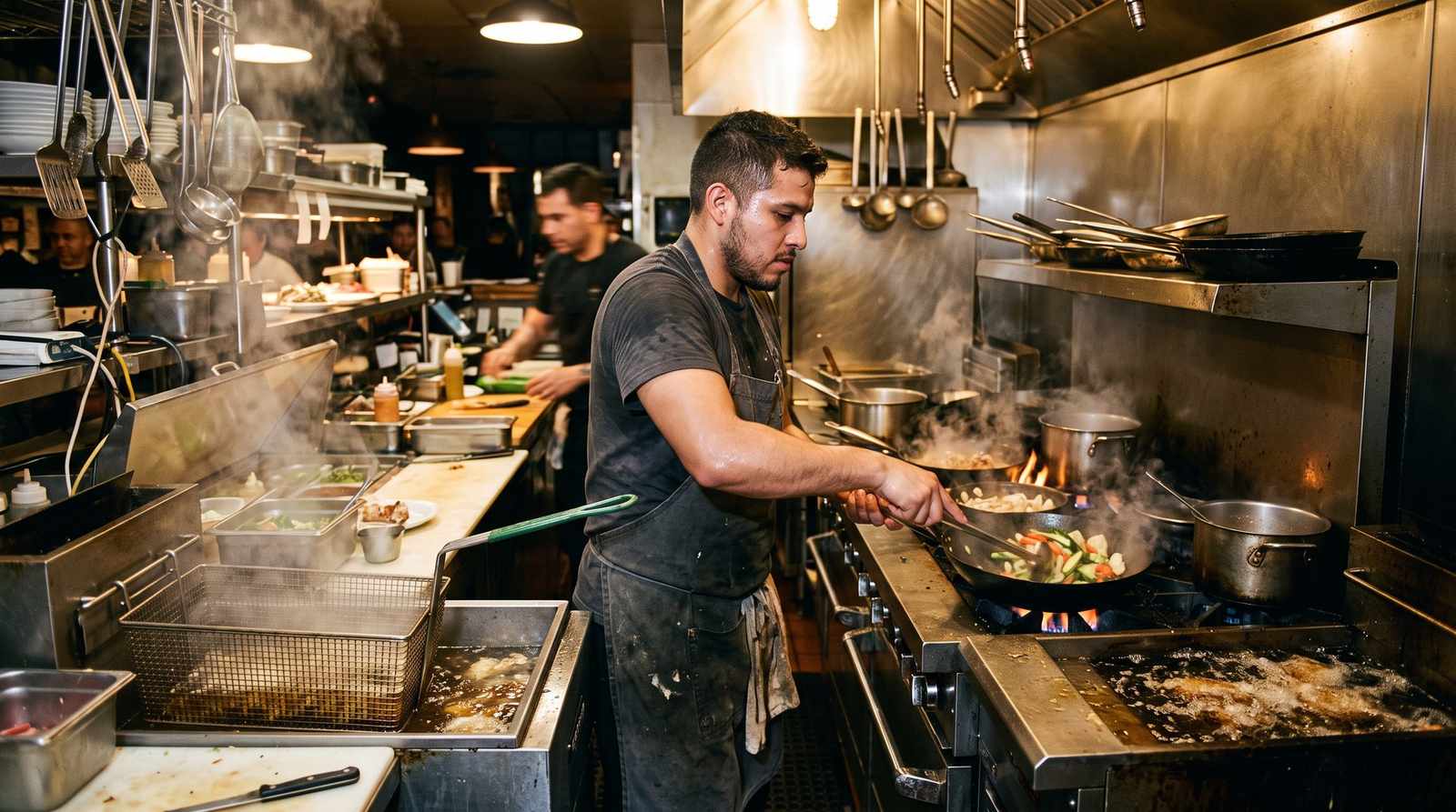 Line cook working a hot fryer station during service in a commercial kitchen