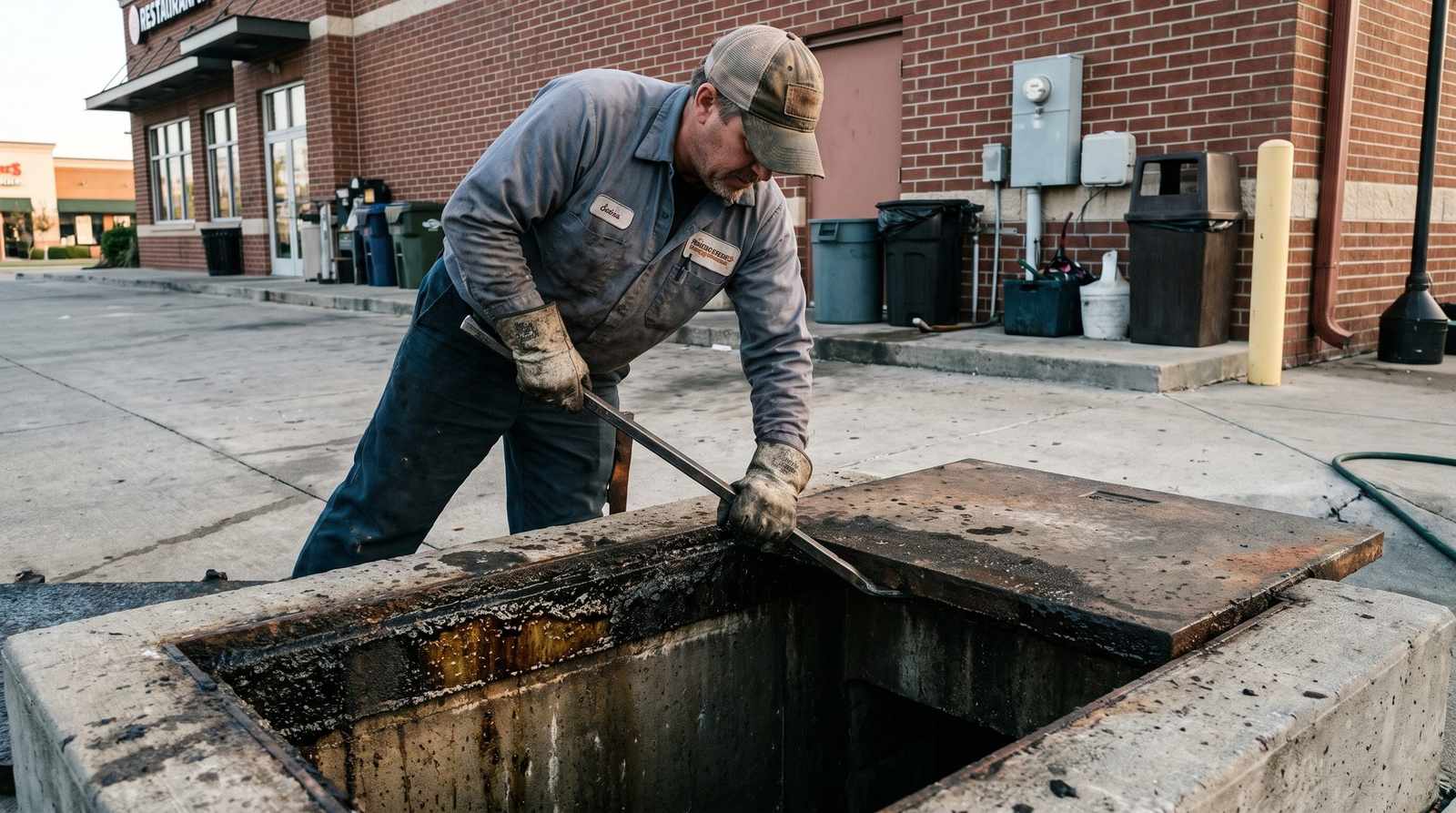 Technician lifting the lid off an in ground grease interceptor behind a restaurant