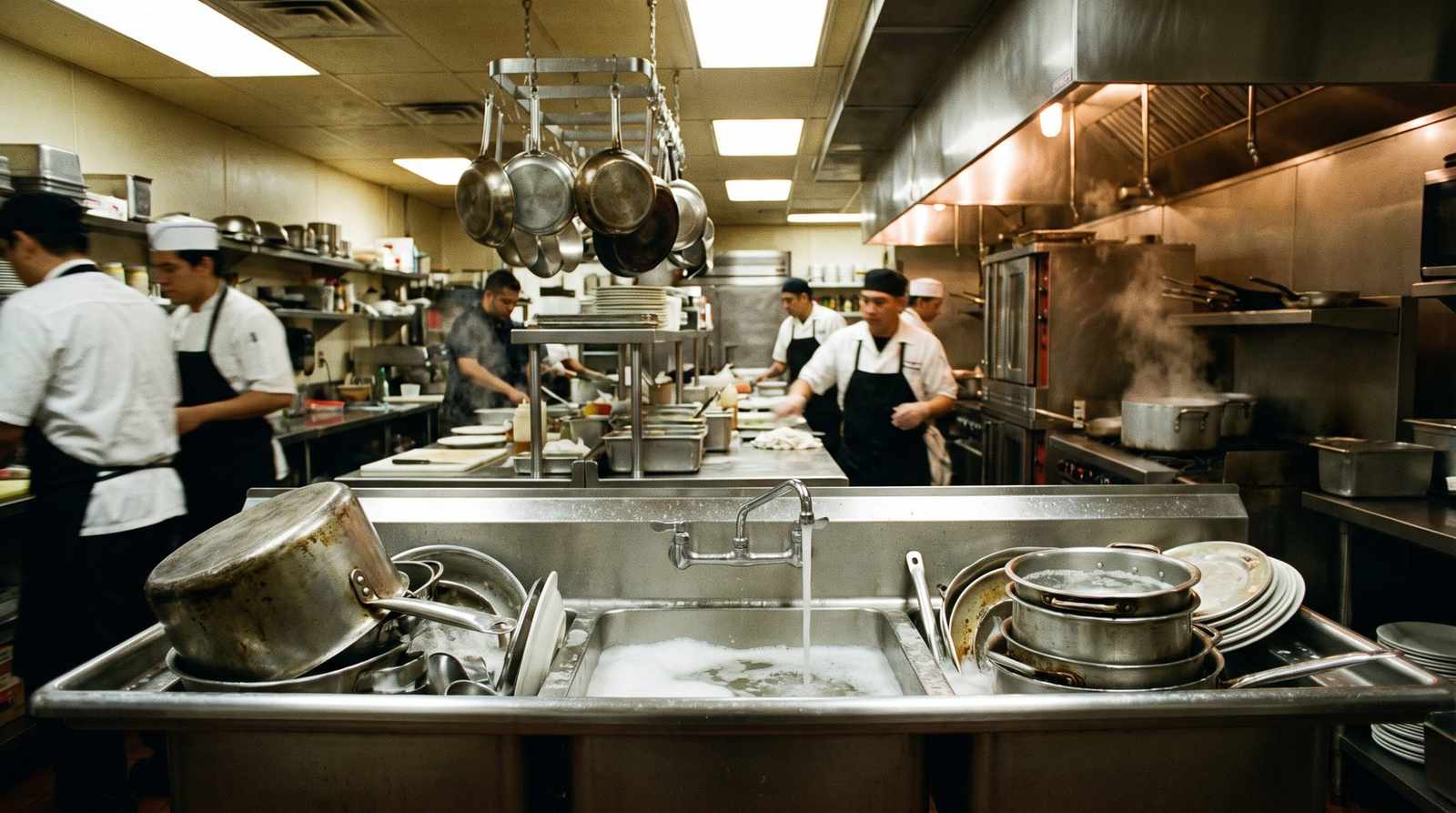 Three compartment sink in a busy commercial restaurant kitchen