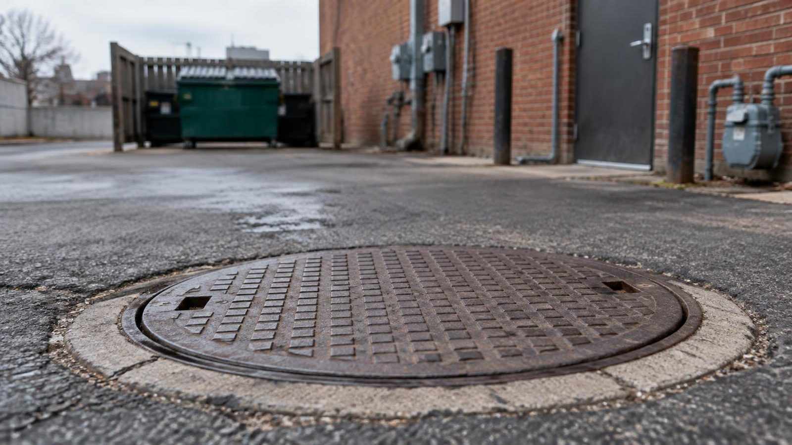 In-ground grease interceptor manhole lid in an asphalt service lane behind a Denver restaurant on an overcast day
