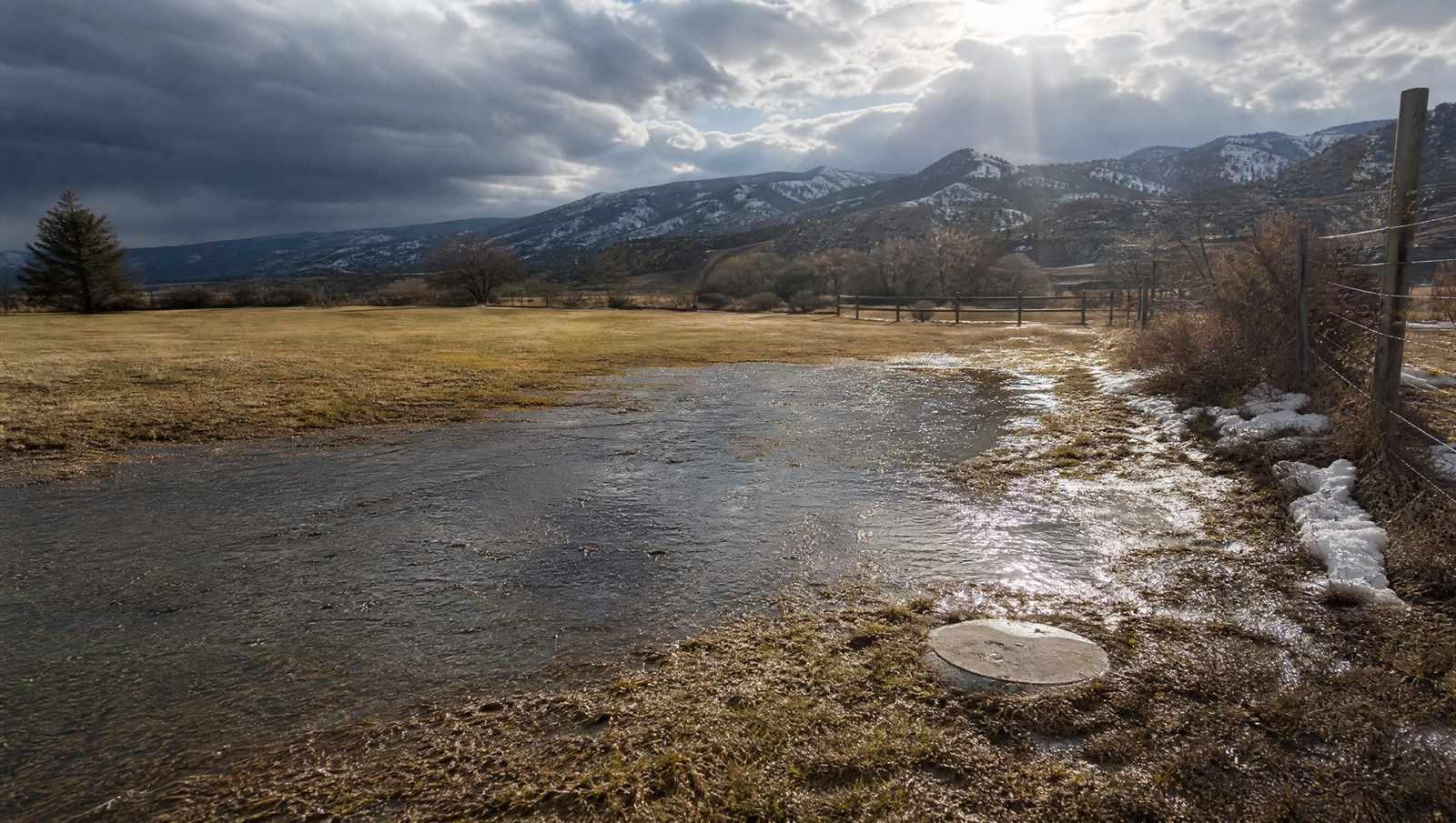 Standing water across a saturated Colorado yard after spring snowmelt, with melting snow along the fence line