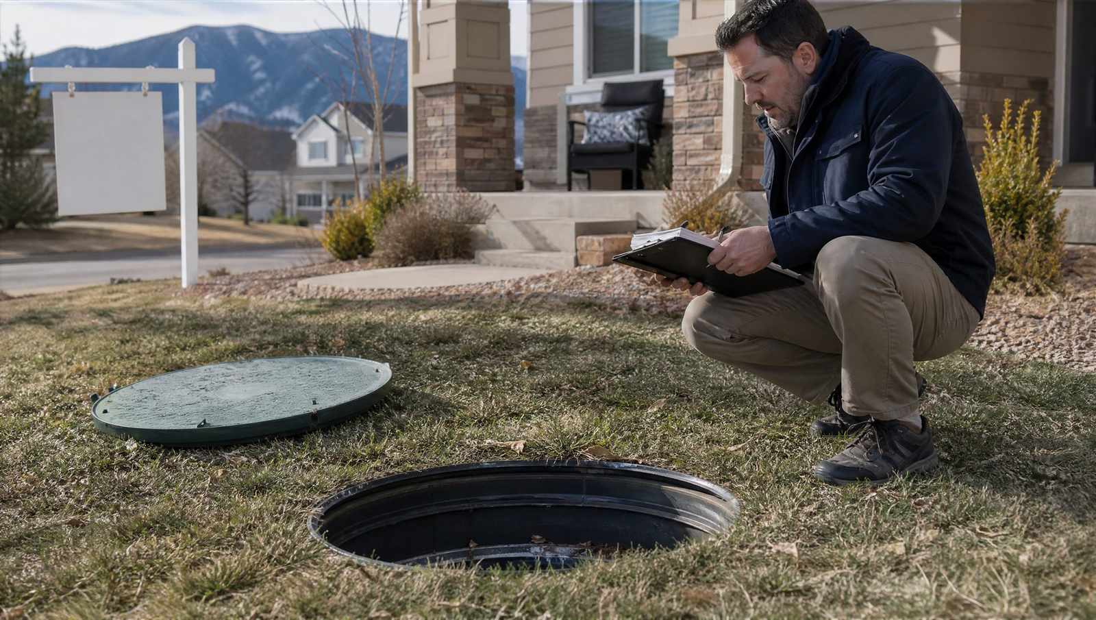 Inspector checking a septic tank access lid at a Colorado home listed for sale