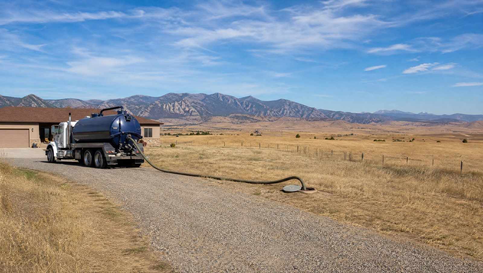 Vacuum truck on the gravel drive of a Colorado Front Range acreage home during a scheduled pump out