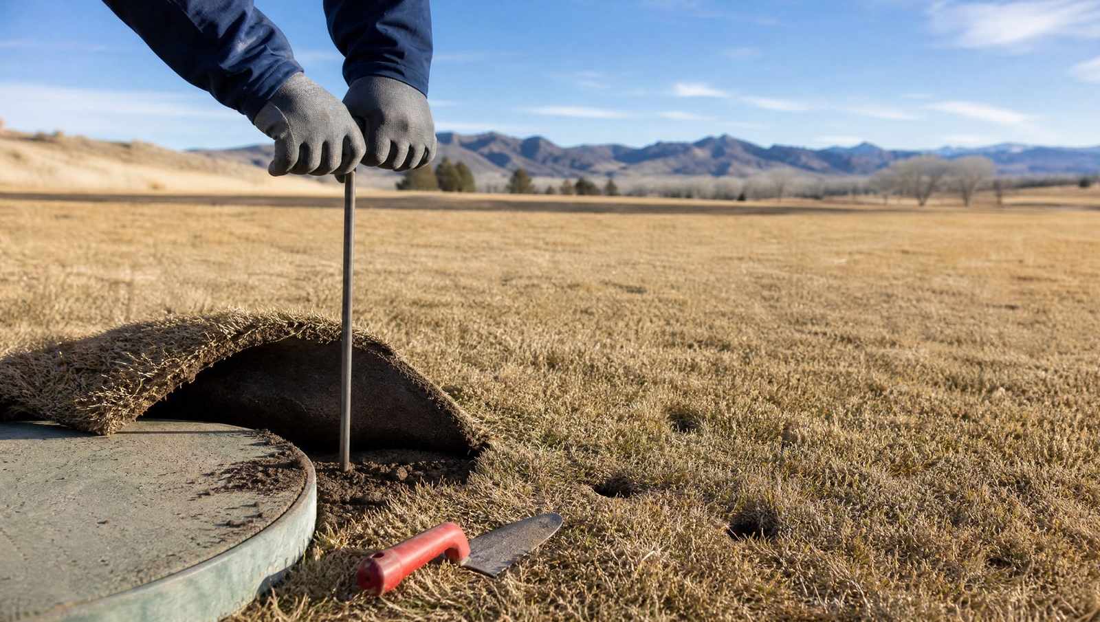 Steel probe rod in the turf beside a partly uncovered septic tank lid with the sod peeled back