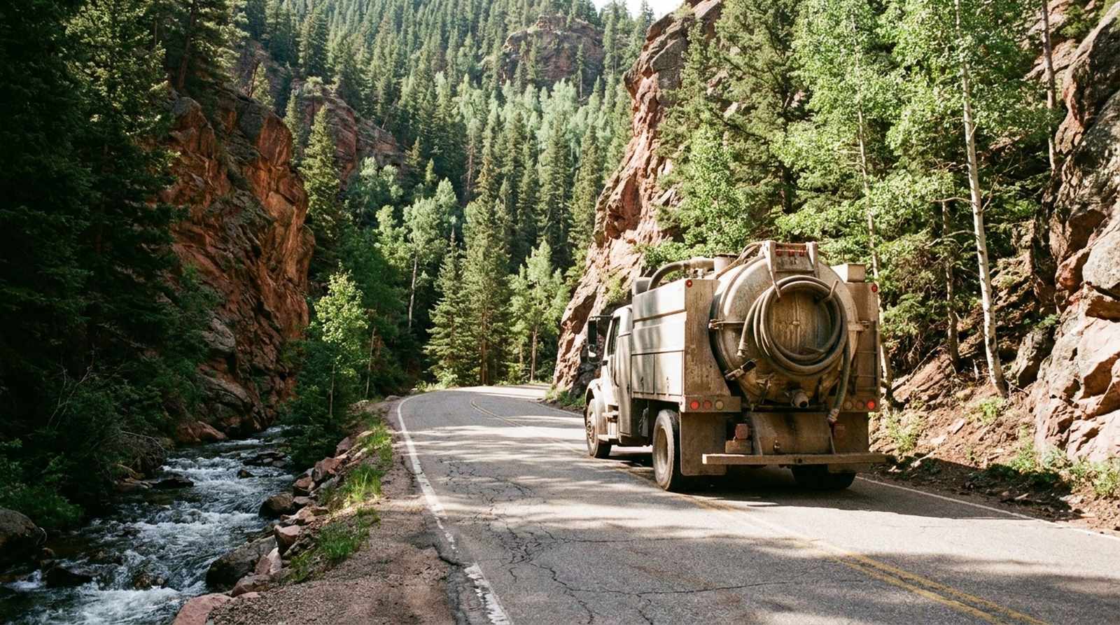 Affordable Septic Pumping septic service truck on a canyon road serving mountain properties in Floyd Hill, Colorado