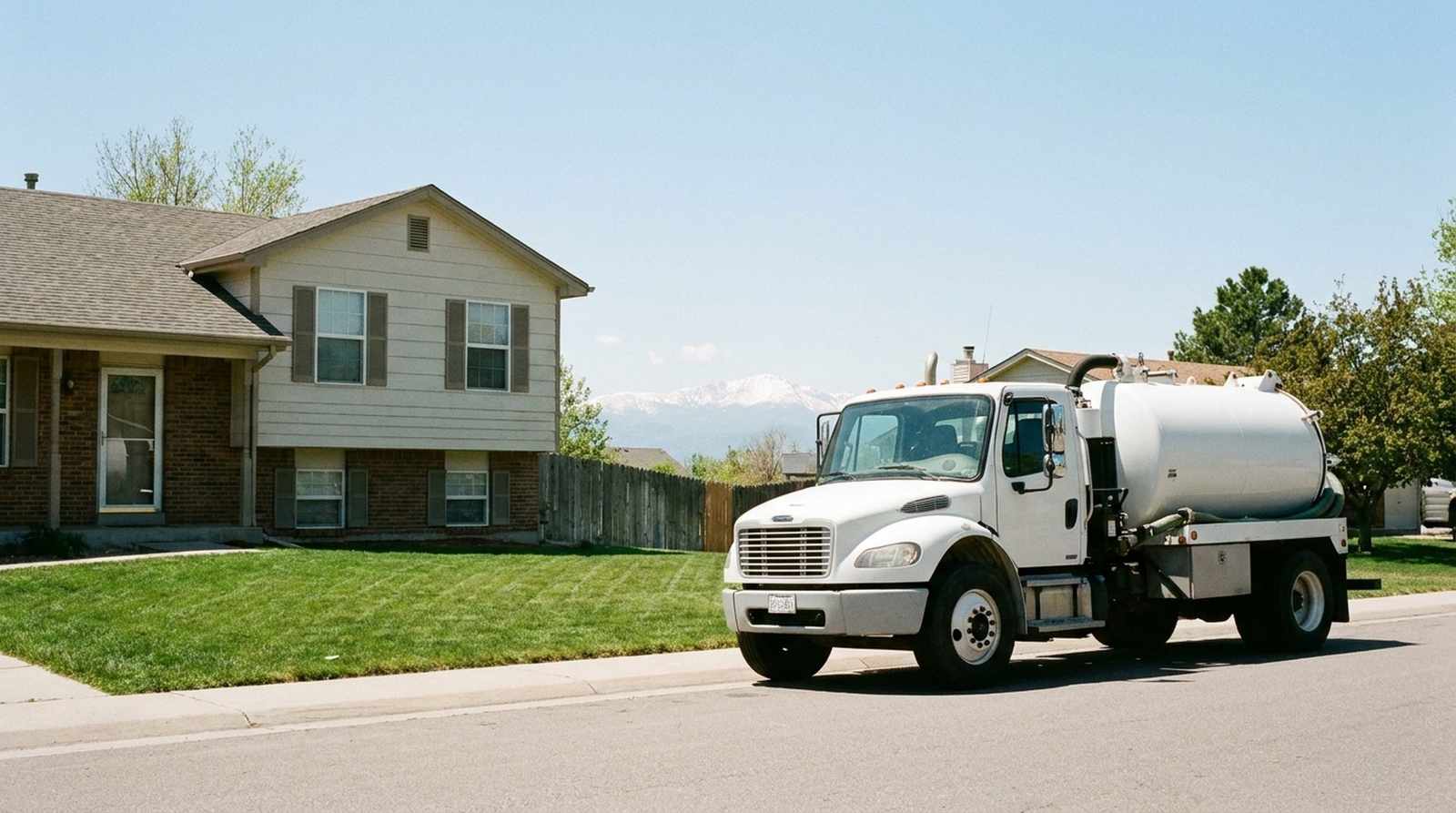 Affordable Septic Pumping septic service truck at the curb of a suburban home in Applewood, Colorado