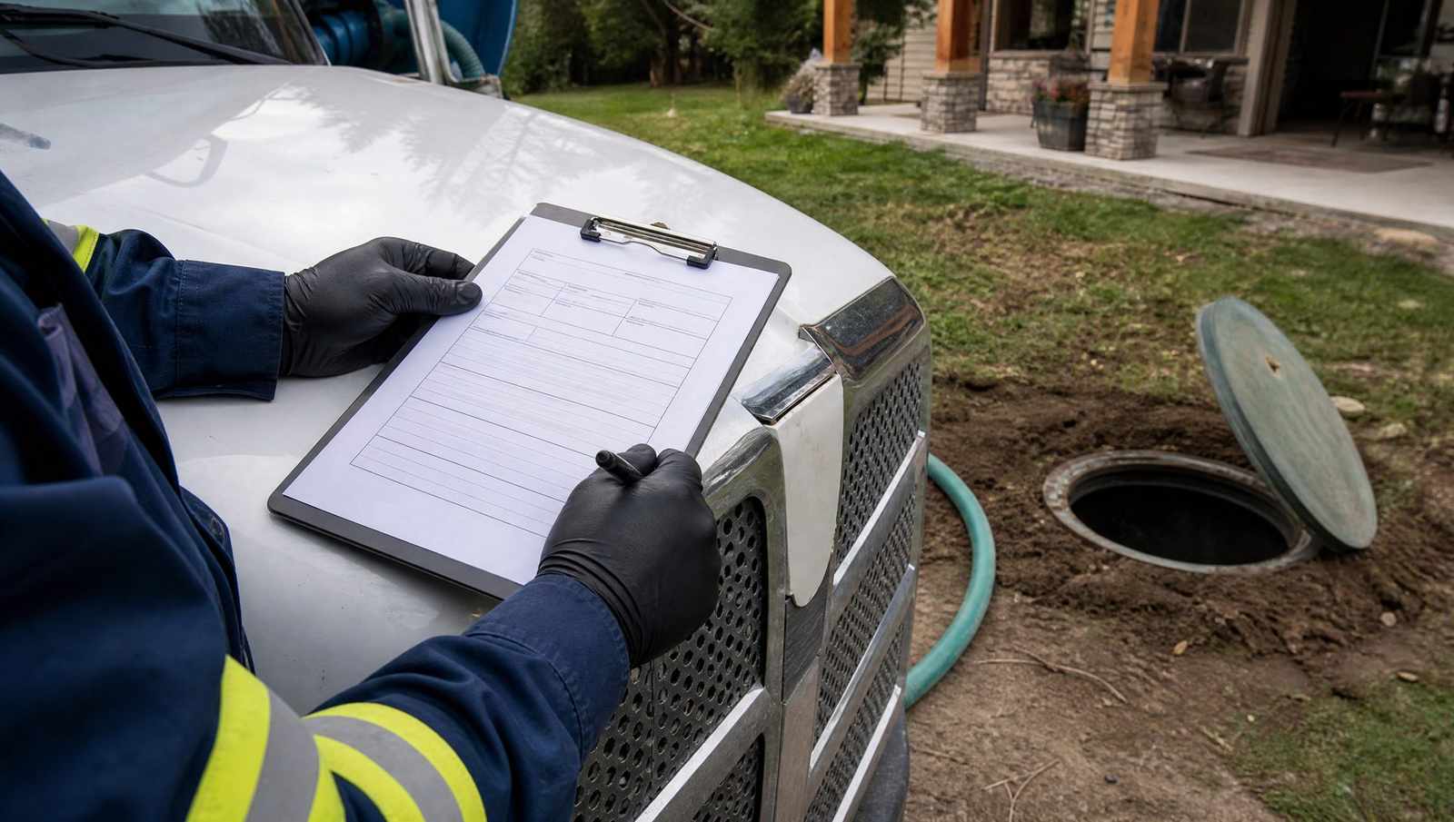 Technician writing a septic service estimate on a clipboard beside an open tank lid in Colorado