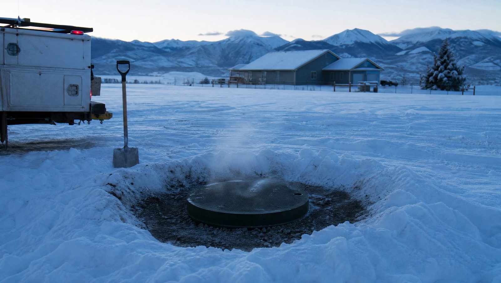 Snow covered Colorado yard with a cleared septic lid during a frozen septic line call