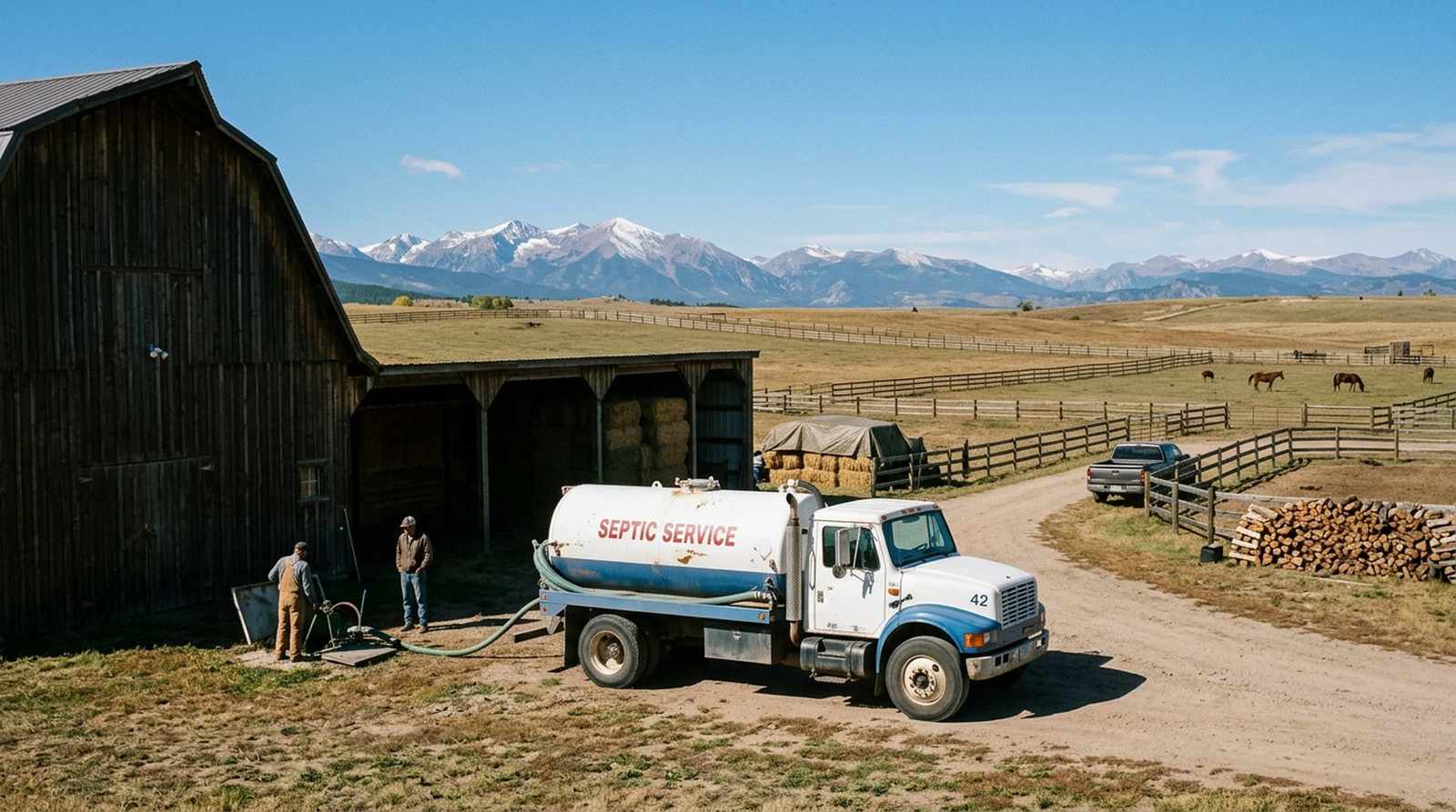 Affordable Septic Pumping septic vacuum truck parked near a barn on ranch acreage in Niwot, Colorado