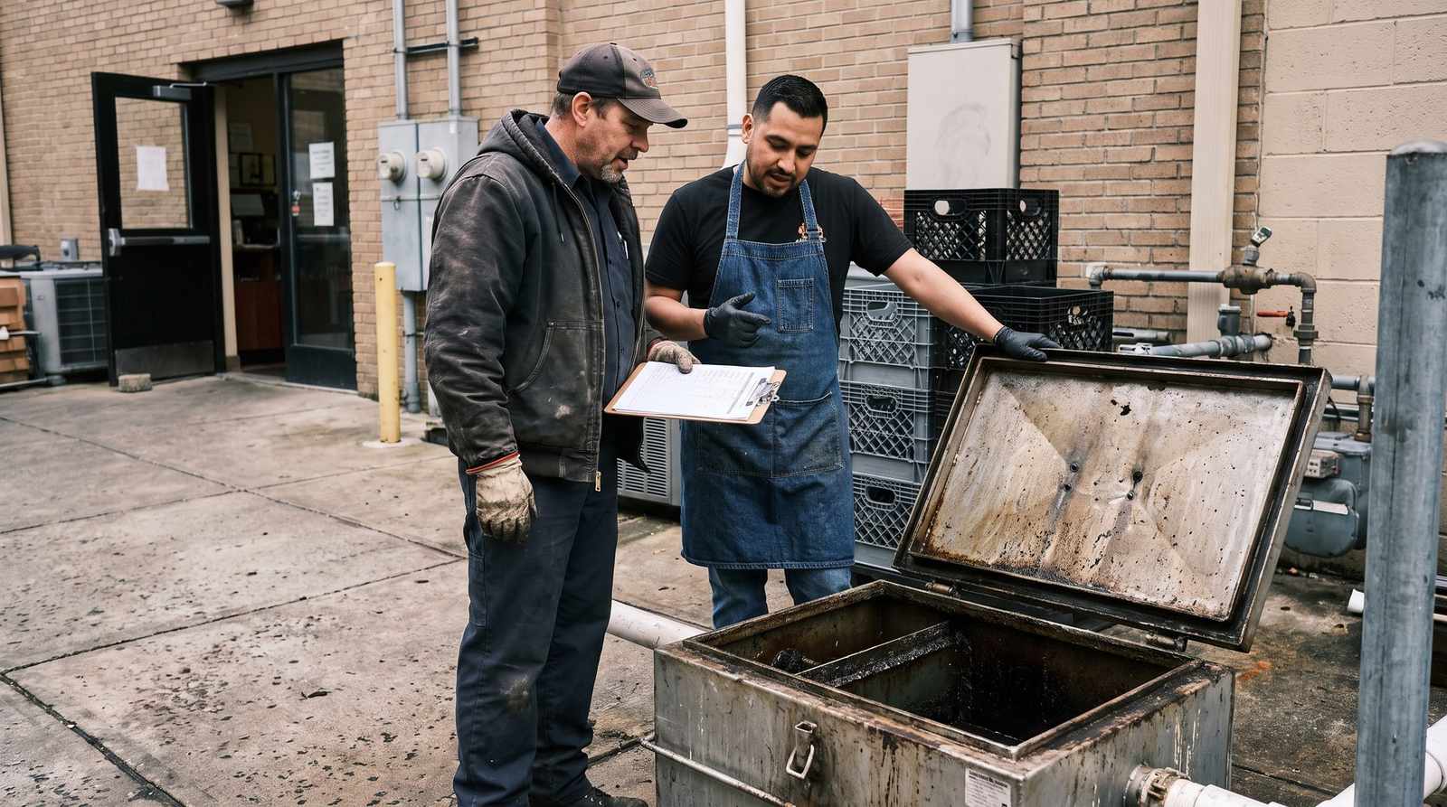 Technician and restaurant manager reviewing a grease trap service record