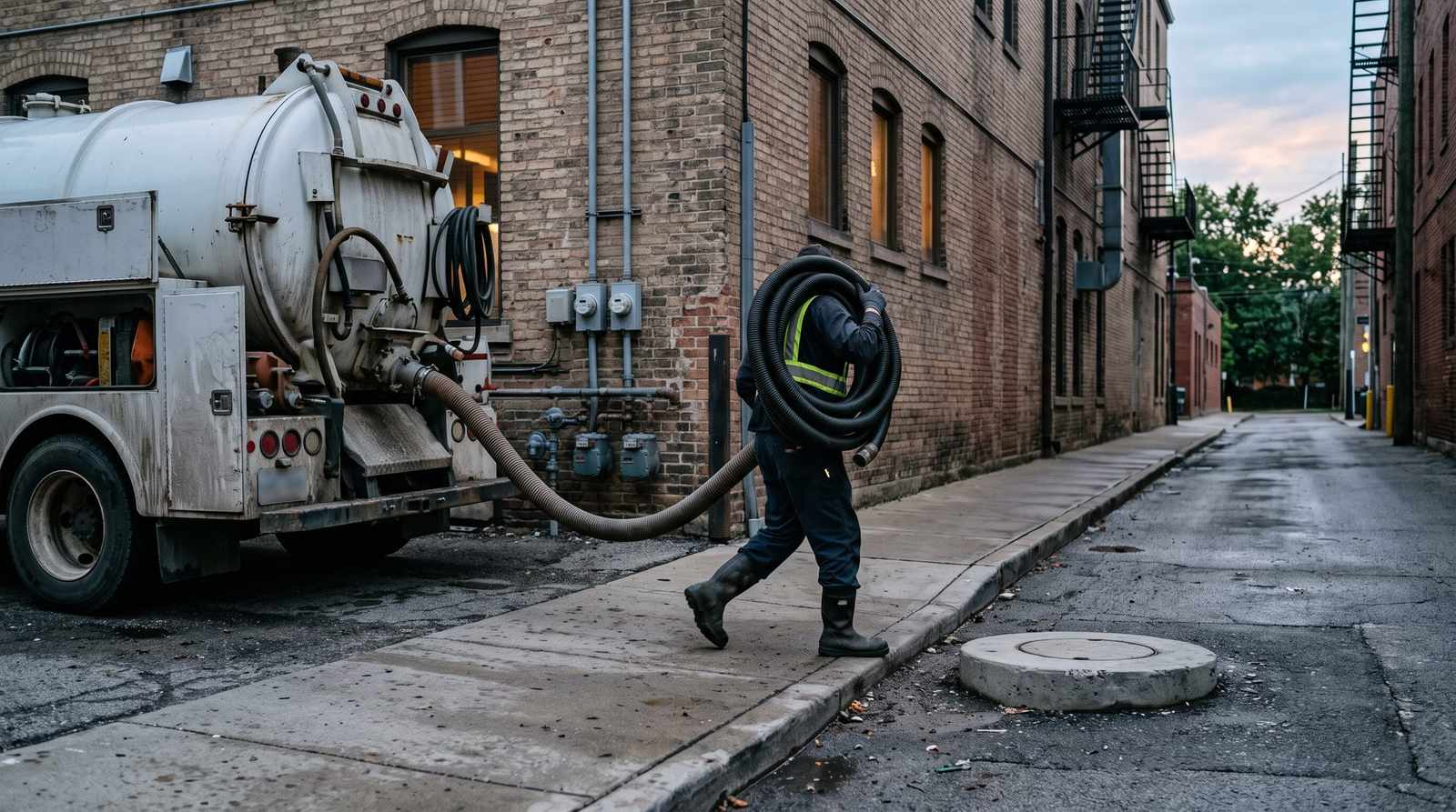 Vacuum truck servicing a restaurant grease trap at first light