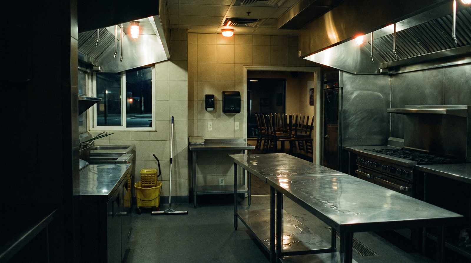 Empty commercial kitchen cleaned down after close