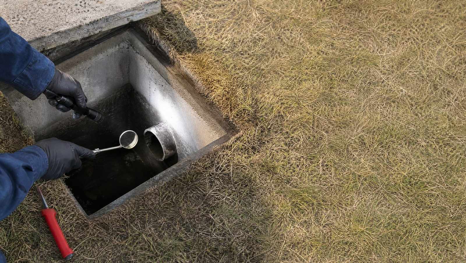 Flashlight and inspection mirror lowered into an open septic tank to check the inlet baffle