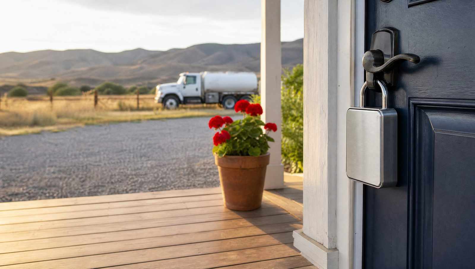 Real estate lockbox on the front door of a Colorado home with a septic pump truck in the gravel driveway