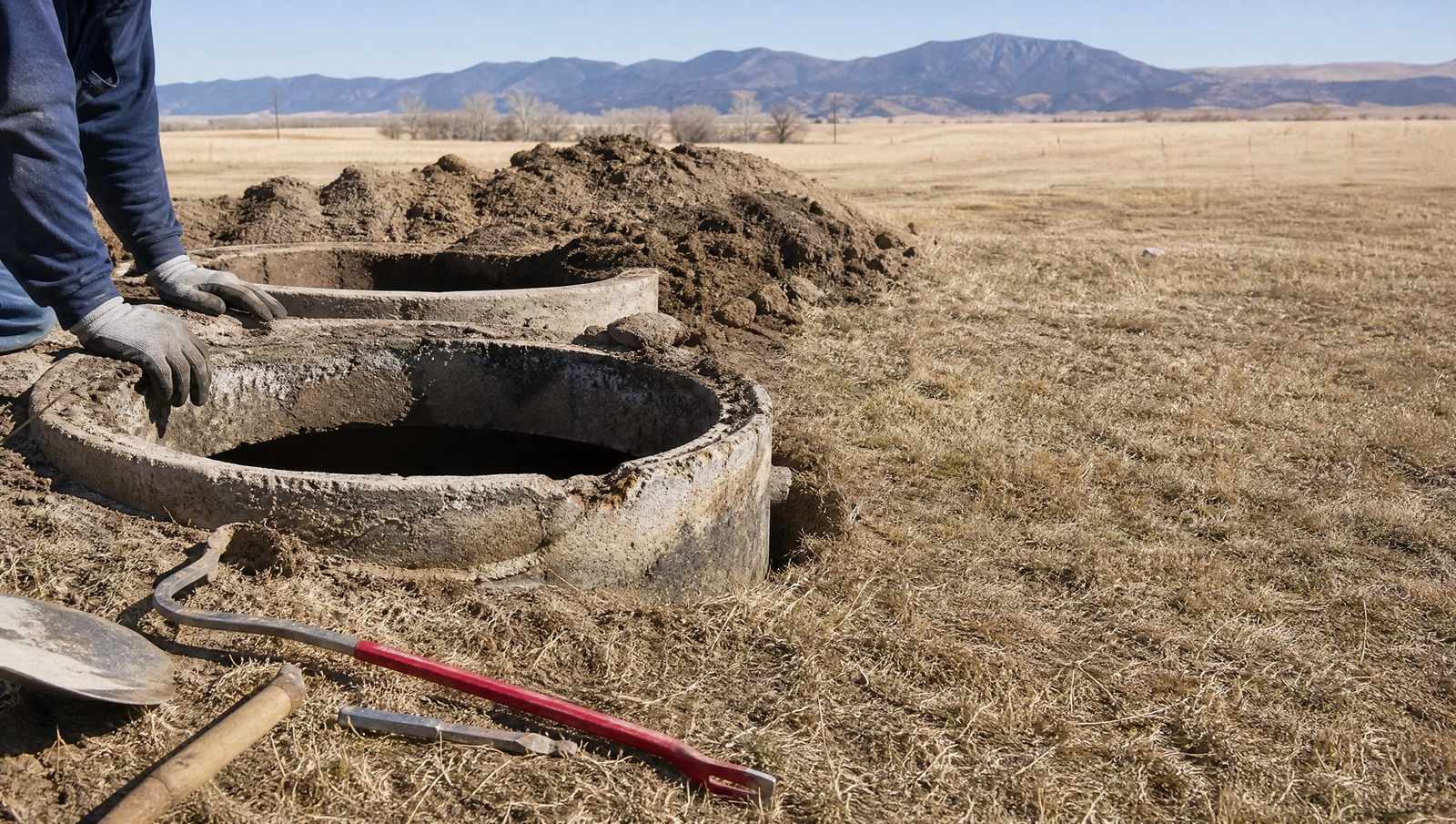 Septic tank opened at both access lids for a condition evaluation, with hand tools laid out on the grass
