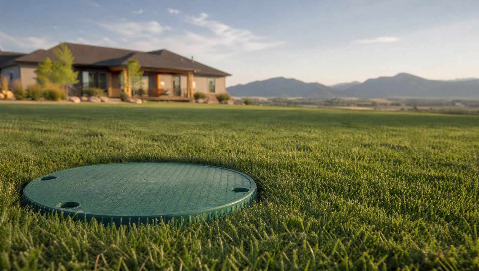 Green septic riser lid sitting flush at ground level in a mowed Colorado lawn