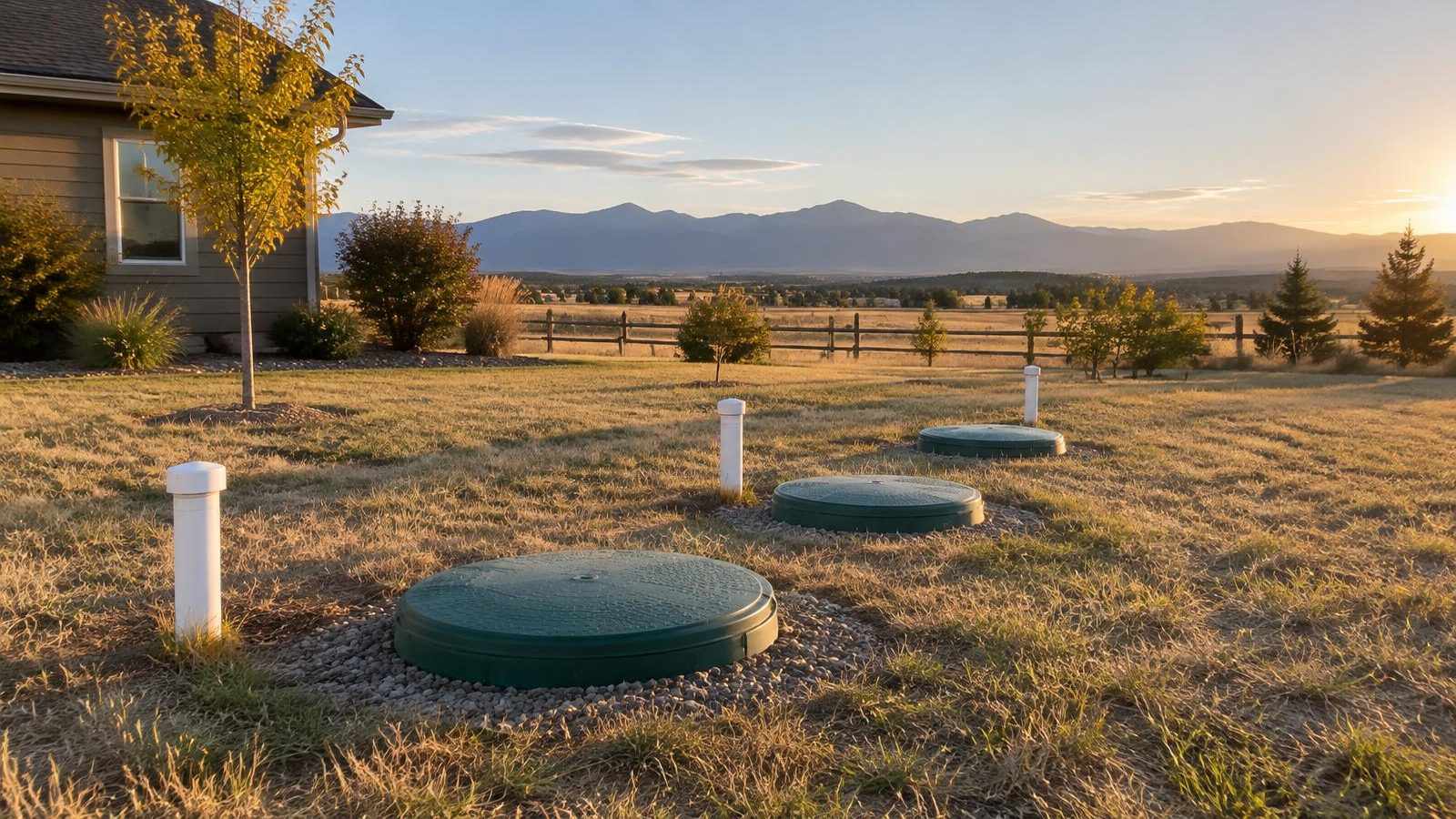 Green sand filter septic access lids and white inspection ports in a dry grassy Front Range backyard in early fall light