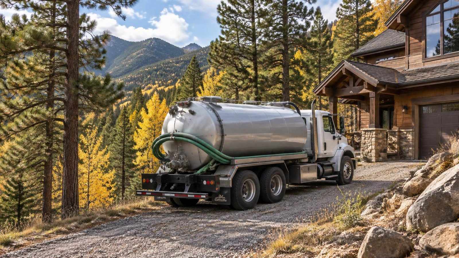 Septic pump truck on a steep gravel driveway beside a timber mountain home near Evergreen with pines and golden fall aspens