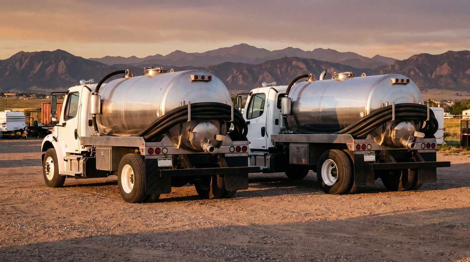 Septic vacuum trucks parked at sunrise with the Colorado Front Range behind them