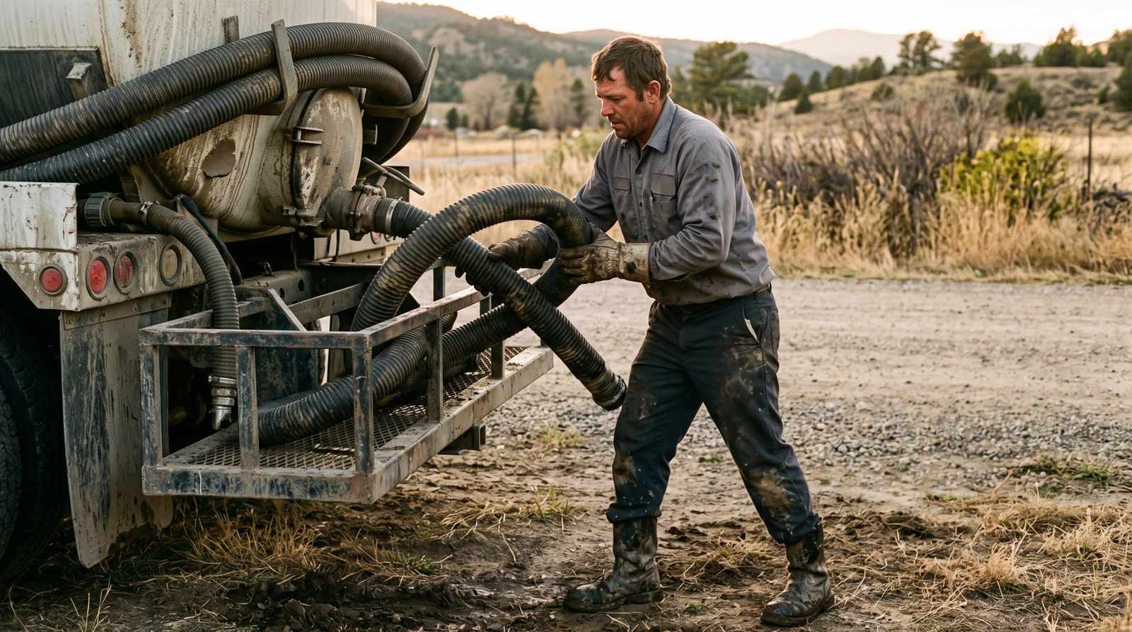 Technician coiling the vacuum hose back onto the truck after a septic job