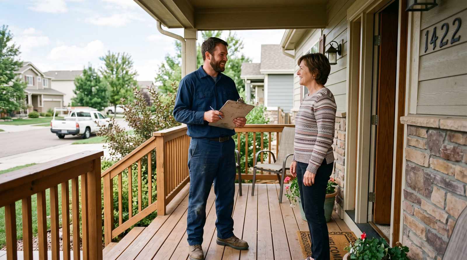 Septic technician talking with a homeowner on a Colorado front porch
