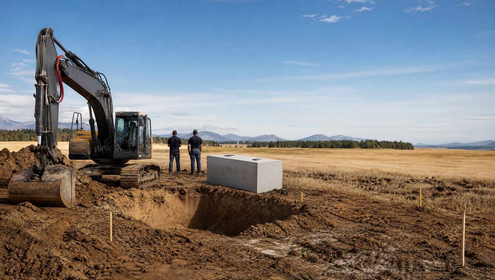 Excavator and a precast concrete tank beside a fresh excavation during a septic system installation