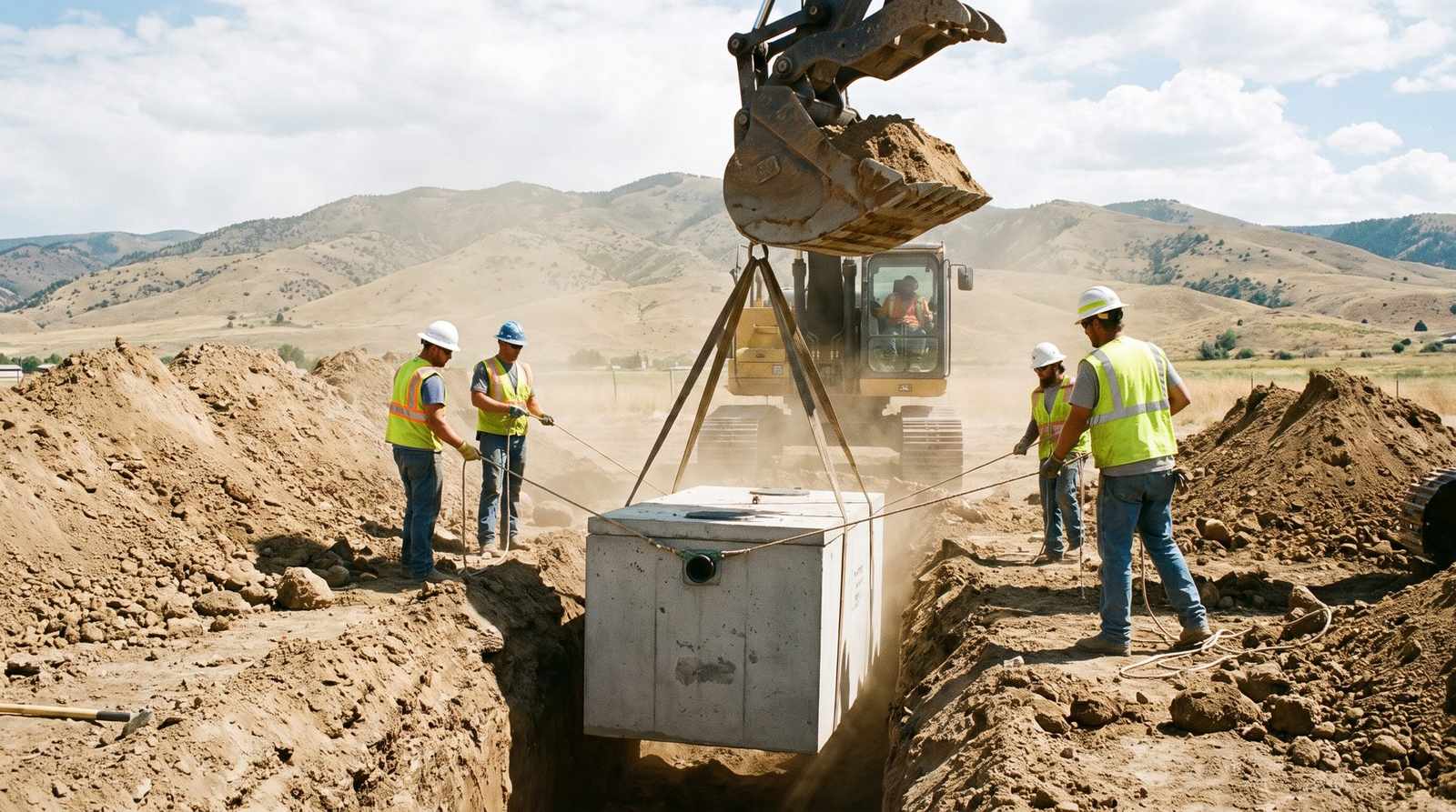 Excavator lowering a new concrete septic tank into a trench on a rural Colorado property