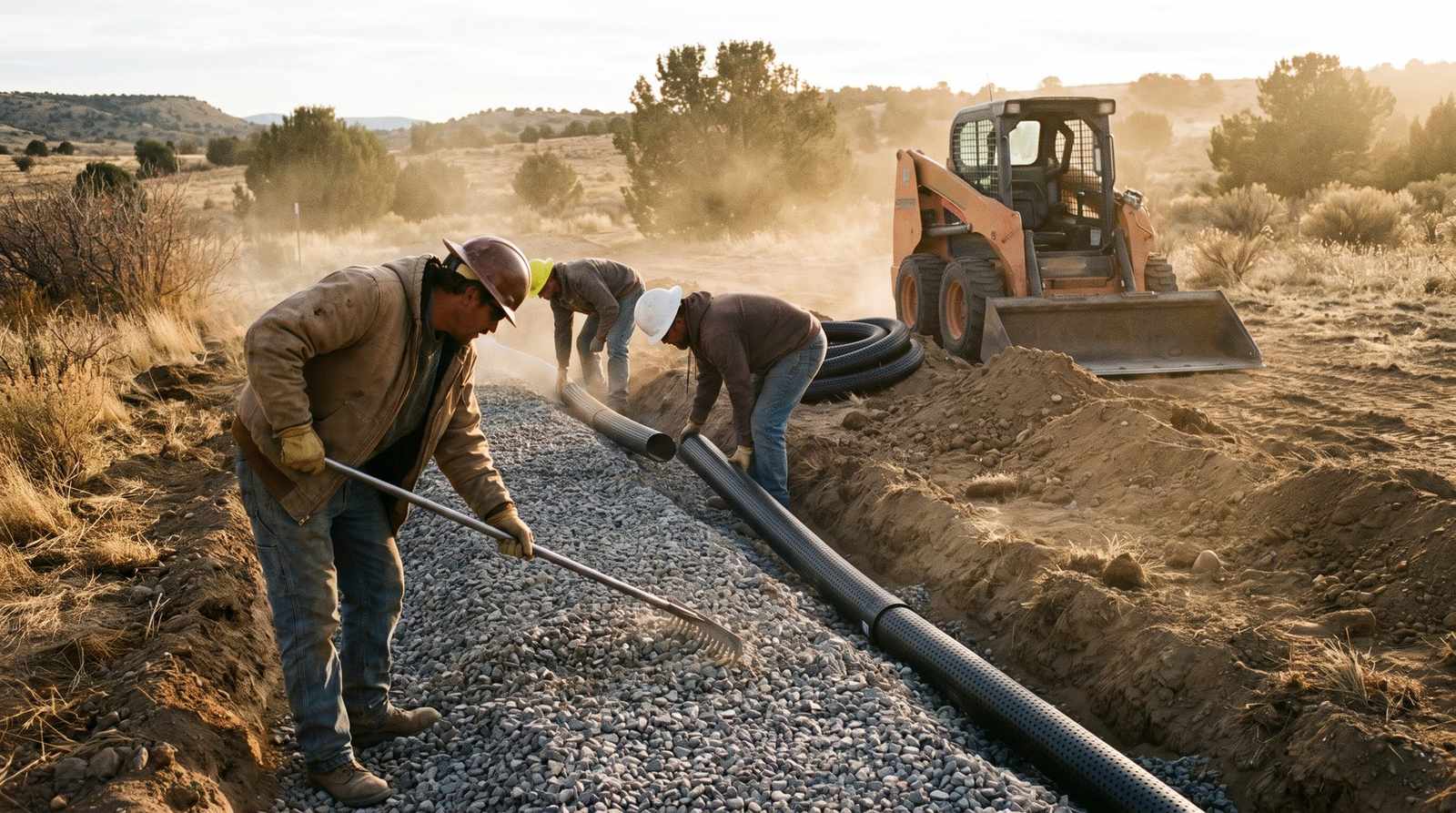 Crew laying perforated leach field pipe over gravel trenches