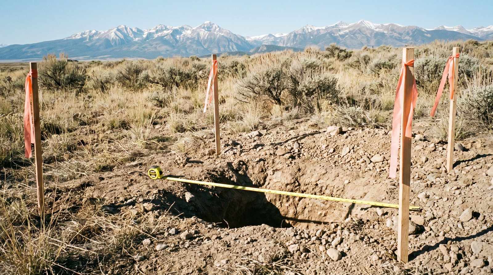 Percolation test hole and survey stakes on an undeveloped Colorado building lot