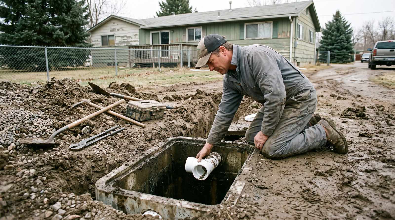 Technician replacing a broken baffle tee inside an excavated septic tank