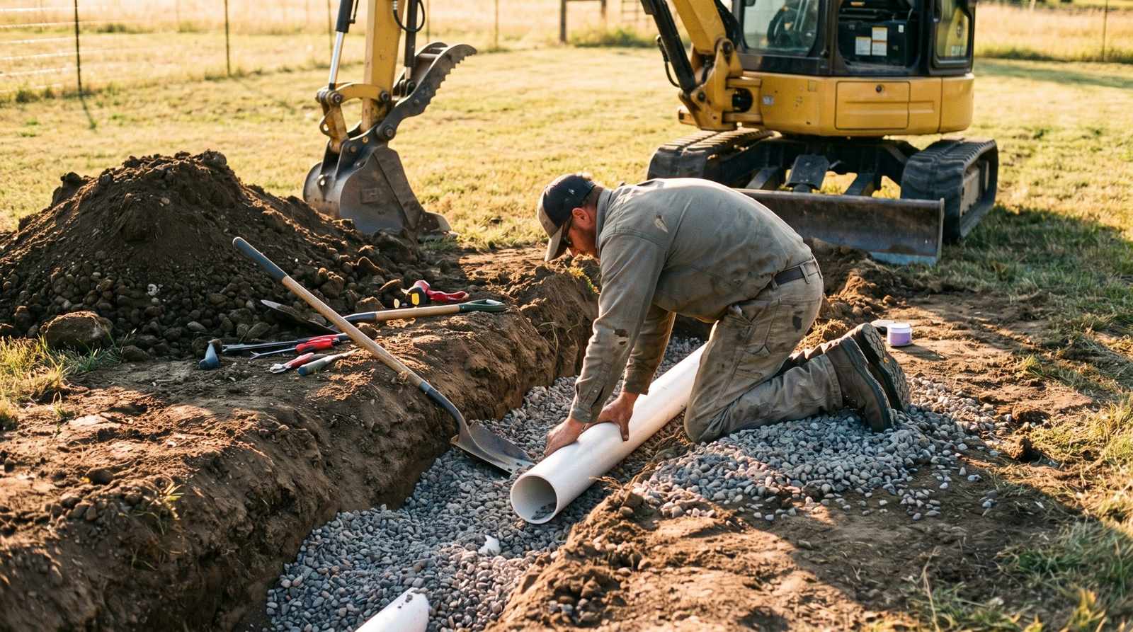 Crew replacing a broken septic effluent line in an open trench