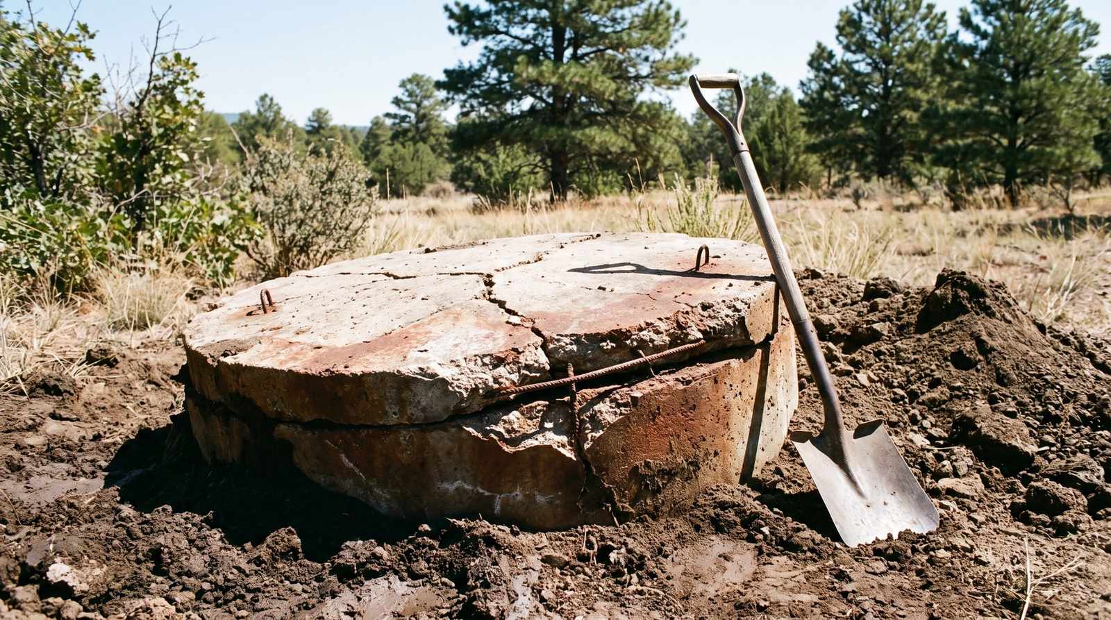 Cracked concrete septic tank lid uncovered in a Colorado backyard