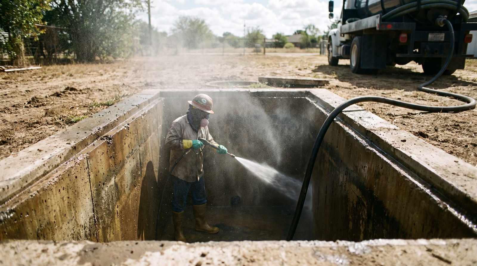 Technician washing down the interior of an emptied septic tank