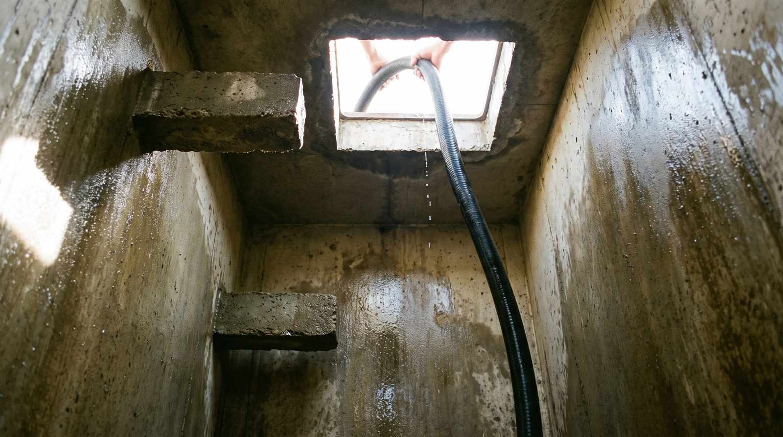 Fully evacuated septic tank interior with inlet and outlet baffles visible